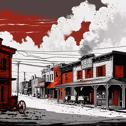 a small town with buildings and a carriage,a street with buildings on it and a wagon