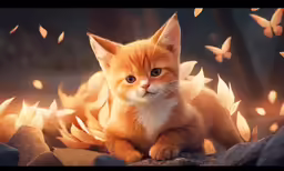 a little orange kitten sitting on some rocks