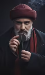 man with a pipe smoking something and holding a spoon