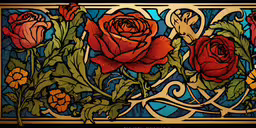stained glass window with red and yellow roses,a red rose on an ornate stained glass background
