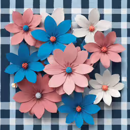 several different colored paper flowers on a blue plaid tablecloth,flowers on top of a blue and white plaid tablecloth