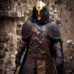 a person wearing a dark armor and gold headdress