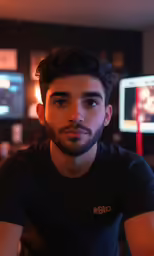 a man sitting in front of some monitors looking at the camera