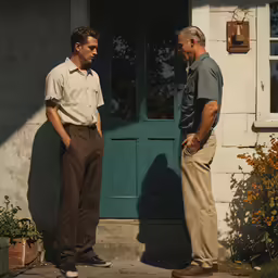 the man in the striped shirt is talking to the gentleman