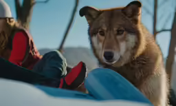 two people in the snow with a wolf
