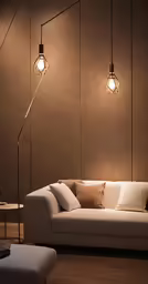 a living room filled with furniture and two lamps