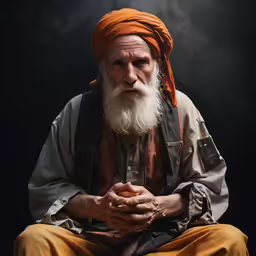 a man with white beard and orange turban is sitting down