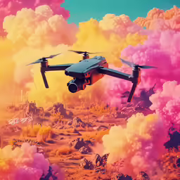 the digital painting depicts a pink and yellow desert landscape with mountains, bushes, clouds, trees and a plane that is flying over a mountain