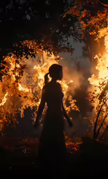 woman standing in front of a large fire filled forest