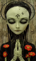 an altered photograph of a creepy woman praying and holding daisies