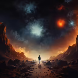 an image of man standing in a cave under the moon