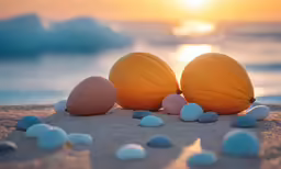 a yellow shell sitting on top of a beach covered in sea stones