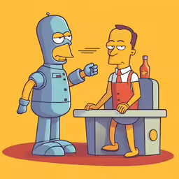 an animated man in apron and glasses talking to homer
