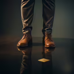 a person wearing brown shoes is standing by a black background