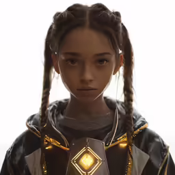 a young girl with dark hair, a ponytail and a hoodie has a glowing light in her chest