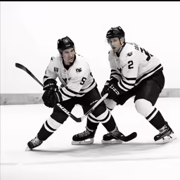 two young men playing ice hockey on an ice rink