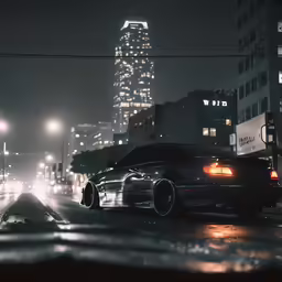 a very dark street with a couple of car parked on it