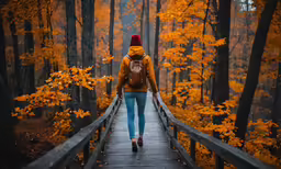 the girl is walking along the wooden walkway in the woods