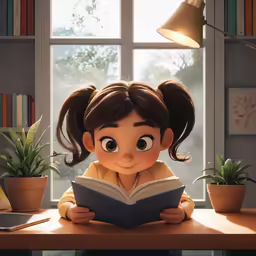 the character lady reads a book sitting next to two plants