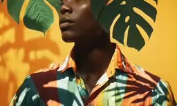 a woman with dark skin and green leaves on her head