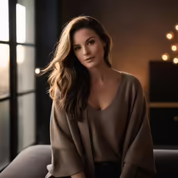 the woman sitting on the couch is posing for a photo