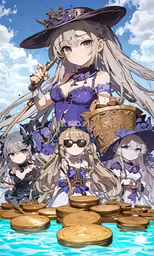 an anime character standing near a group of women