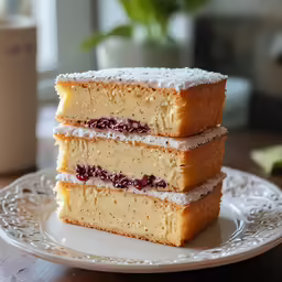 two slices of cake sitting on top of a white plate