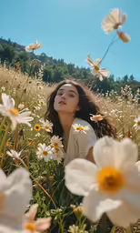 a woman is laying down in the middle of a field of flowers