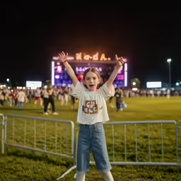 young girl raising her arms up in front of a stadium