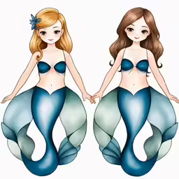 two cartoon mermaids with blue tails and green tails