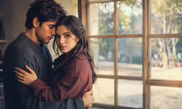 a couple is holding each other in front of a window