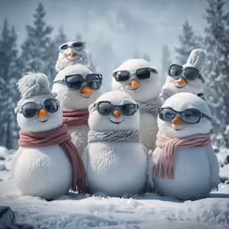 five snowmen in glasses and scarfs sit together