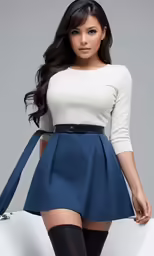 a young lady wearing high heel boots and holding a large white bag