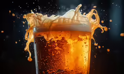 a mug of beer on the table with a liquid splashing out of it