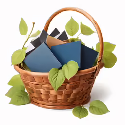 books in a basket of leaves on white
