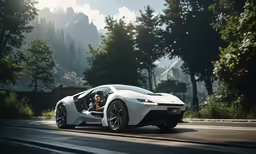 a futuristic, white vehicle driving on a street