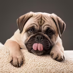 a dog laying down on a pillow with his tongue out