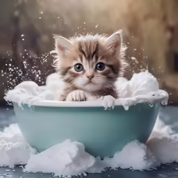 small kitten sitting in an empty blue bowl