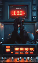 a guy sitting on top of a radio surrounded by other electronic devices