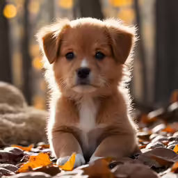 a cute puppy sitting in leaves with trees and grass behind him