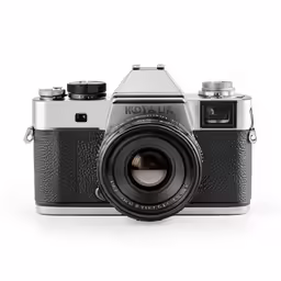 the front of a black and white camera
