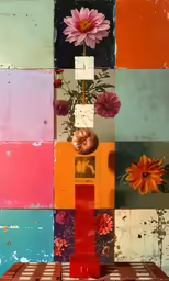 a table topped with flowers and wooden block wall