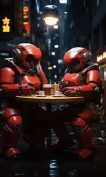 two red robot men sit at a table eating food