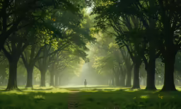 the person is walking through the forest in the bright light