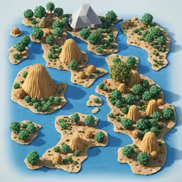 an island with some trees on top and a pyramid in the background