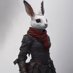 white rabbit wearing black leather outfit and gloves