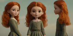 three dolls dressed in long green dresses