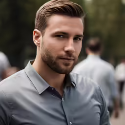 a man with short hair is looking at the camera
