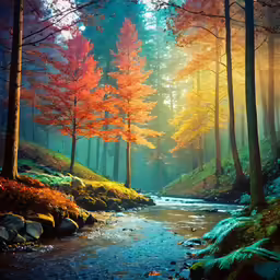 a painting of a beautiful forest scene