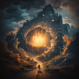 the man is walking down the path toward the strange city